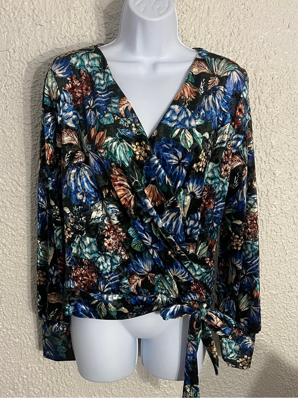 Zara Whimsigoth Velvet Floral Long Sleeve Wrap Blouse Top Jewel Tones